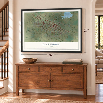 Clarendon, Texas map, 24 x 36 inch print in a black frame above a dresser by a staircase