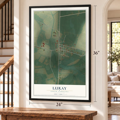 Luray, South Carolina map, 24 x 36 inch print in a black frame by a staircase