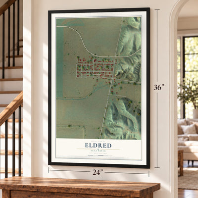 Eldred, Illinois map, 24 x 36 inch print in a black frame by a staircase
