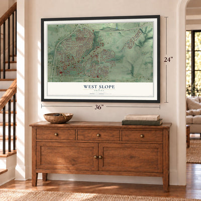 West Slope, Oregon map, 24 x 36 inch print in a black frame above a dresser by a staircase