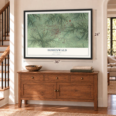 Hohenwald, Tennessee map, 24 x 36 inch print in a black frame above a dresser by a staircase