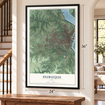 Dubuque, Iowa map, 24 x 36 inch print in a black frame by a staircase