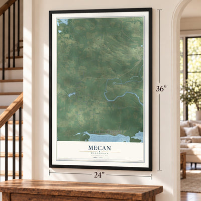 Mecan, Wisconsin map, 24 x 36 inch print in a black frame by a staircase