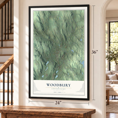 Woodbury, Connecticut map, 24 x 36 inch print in a black frame by a staircase