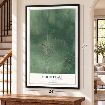Chouteau, Oklahoma map, 24 x 36 inch print in a black frame by a staircase