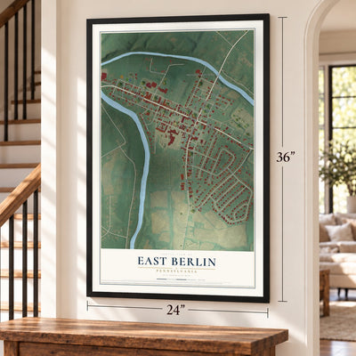 East Berlin, Pennsylvania map, 24 x 36 inch print in a black frame by a staircase