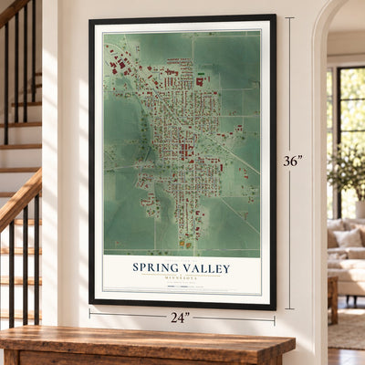 Spring Valley, Minnesota map, 24 x 36 inch print in a black frame by a staircase