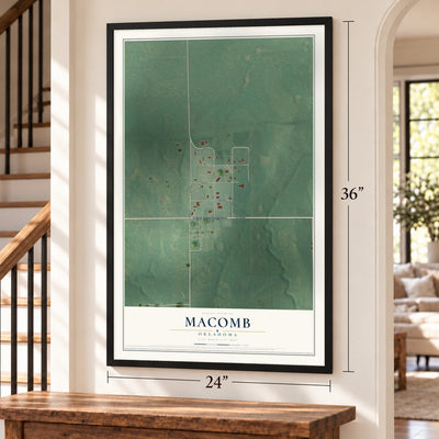 Macomb, Oklahoma map, 24 x 36 inch print in a black frame by a staircase