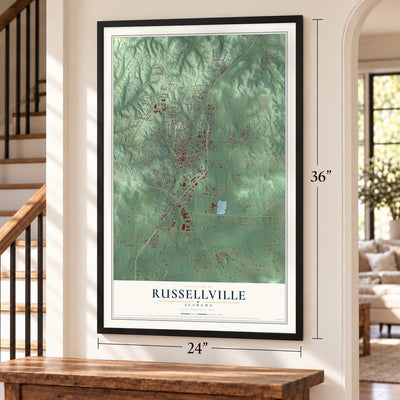 Russellville, Alabama map, 24 x 36 inch print in a black frame by a staircase