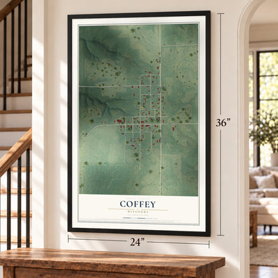 Coffey, Missouri map, 24 x 36 inch print in a black frame by a staircase