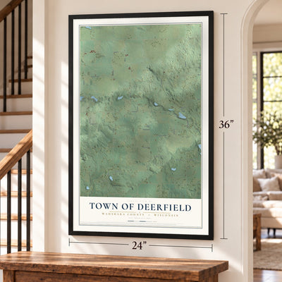 Town of Deerfield, Waushara County, Wisconsin map, 24 x 36 inch print in a black frame by a staircase