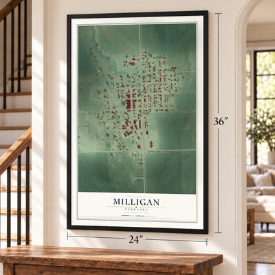 Milligan, Nebraska map, 24 x 36 inch print in a black frame by a staircase