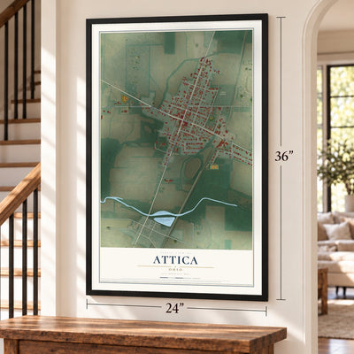 Attica, Ohio map, 24 x 36 inch print in a black frame by a staircase