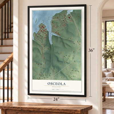 Osceola, Missouri map, 24 x 36 inch print in a black frame by a staircase