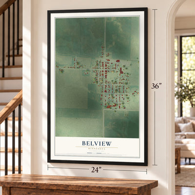 Belview, Minnesota map, 24 x 36 inch print in a black frame by a staircase