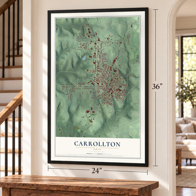 Carrollton, Ohio map, 24 x 36 inch print in a black frame by a staircase