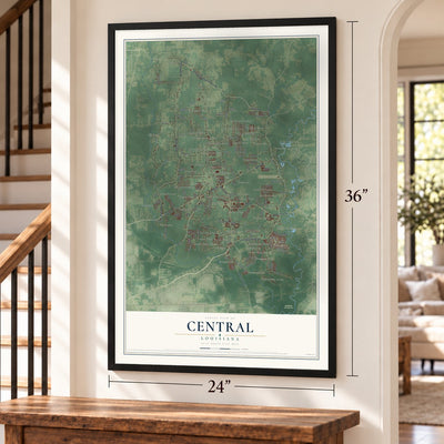 Central, Louisiana map, 24 x 36 inch print in a black frame by a staircase