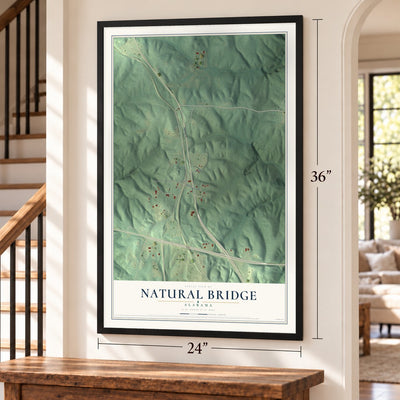Natural Bridge, Alabama map, 24 x 36 inch print in a black frame by a staircase