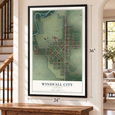 Windfall City, Indiana map, 24 x 36 inch print in a black frame by a staircase