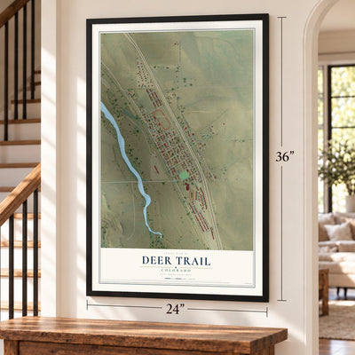 Deer Trail, Colorado map, 24 x 36 inch print in a black frame by a staircase