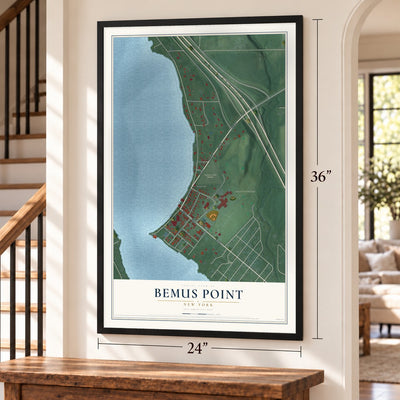 Bemus Point, New York map, 24 x 36 inch print in a black frame by a staircase