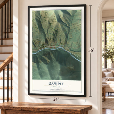 Sawpit, Colorado map, 24 x 36 inch print in a black frame by a staircase