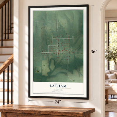 Latham, Kansas map, 24 x 36 inch print in a black frame by a staircase