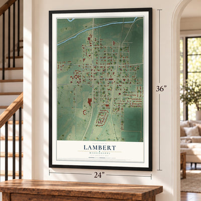 Lambert, Mississippi map, 24 x 36 inch print in a black frame by a staircase