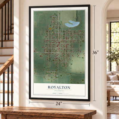 Royalton, Illinois map, 24 x 36 inch print in a black frame by a staircase