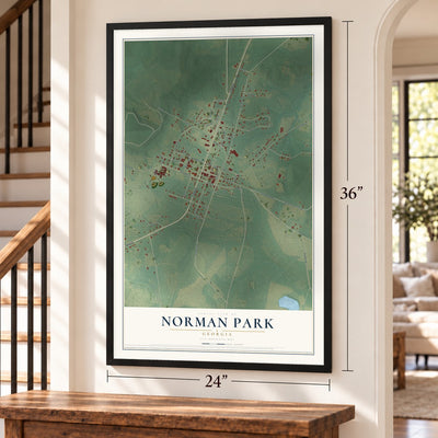 Norman Park, Georgia map, 24 x 36 inch print in a black frame by a staircase
