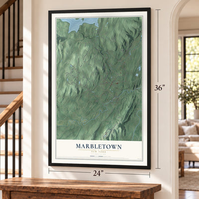 Marbletown, New York map, 24 x 36 inch print in a black frame by a staircase