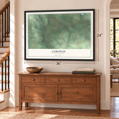LeBoeuf, Pennsylvania map, 24 x 36 inch print in a black frame above a dresser by a staircase