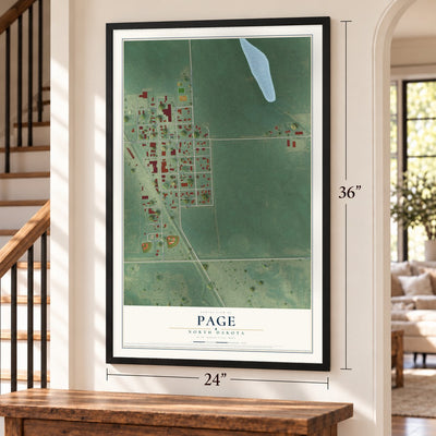 Page, North Dakota map, 24 x 36 inch print in a black frame by a staircase