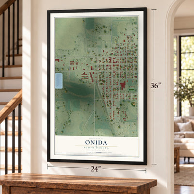 Onida, South Dakota map, 24 x 36 inch print in a black frame by a staircase