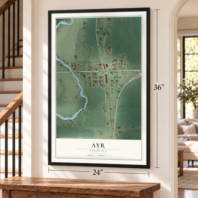 Ayr, Nebraska map, 24 x 36 inch print in a black frame by a staircase