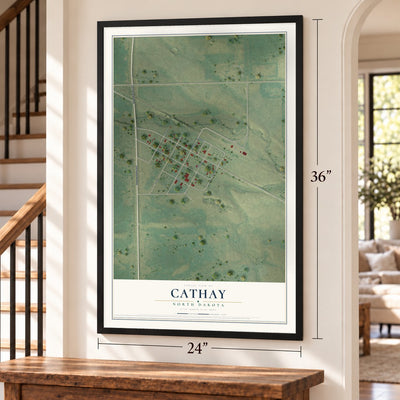 Cathay, North Dakota map, 24 x 36 inch print in a black frame by a staircase