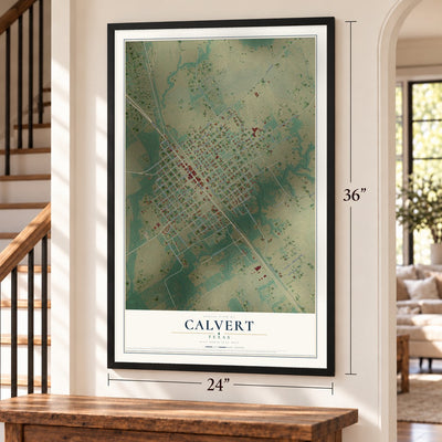 Calvert, Texas map, 24 x 36 inch print in a black frame by a staircase