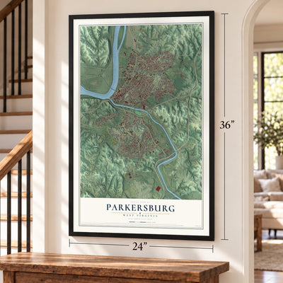 Parkersburg, West Virginia map, 24 x 36 inch print in a black frame by a staircase