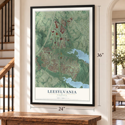 Leesylvania, Virginia map, 24 x 36 inch print in a black frame by a staircase