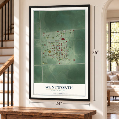 Wentworth, South Dakota map, 24 x 36 inch print in a black frame by a staircase