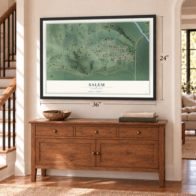 Salem, Nebraska map, 24 x 36 inch print in a black frame above a dresser by a staircase