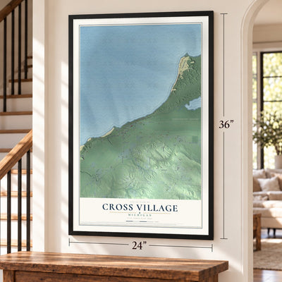 Cross Village, Michigan map, 24 x 36 inch print in a black frame by a staircase