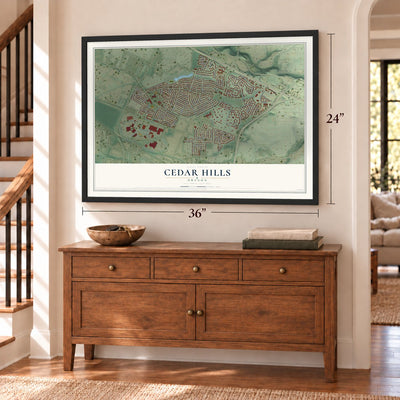 Cedar Hills, Oregon map, 24 x 36 inch print in a black frame above a dresser by a staircase