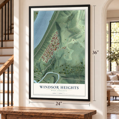 Windsor Heights, West Virginia map, 24 x 36 inch print in a black frame by a staircase