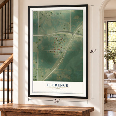 Florence, Minnesota map, 24 x 36 inch print in a black frame by a staircase