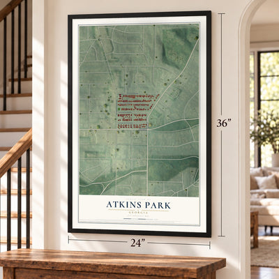 Atkins Park, Georgia map, 24 x 36 inch print in a black frame by a staircase