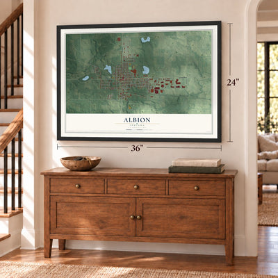 Albion, Indiana map, 24 x 36 inch print in a black frame above a dresser by a staircase