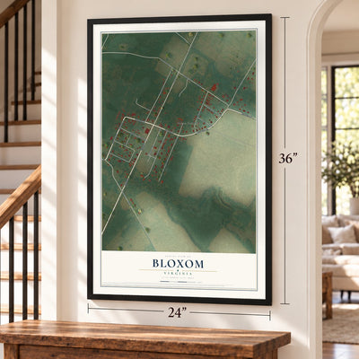 Bloxom, Virginia map, 24 x 36 inch print in a black frame by a staircase