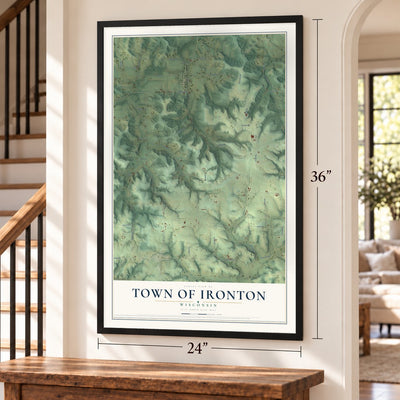Town of Ironton, Wisconsin map, 24 x 36 inch print in a black frame by a staircase