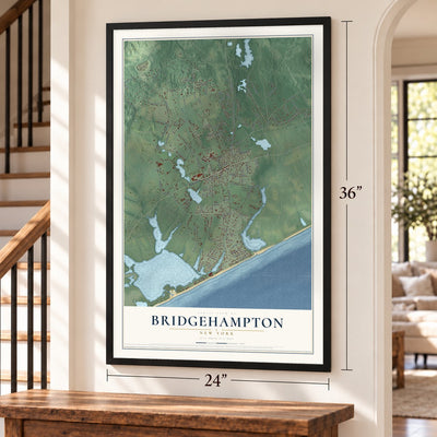 Bridgehampton, New York map, 24 x 36 inch print in a black frame by a staircase